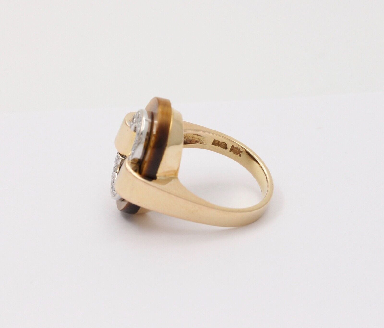 Vintage Tiger Eye 14K Yellow Gold Diamond Ring, Statement Ring