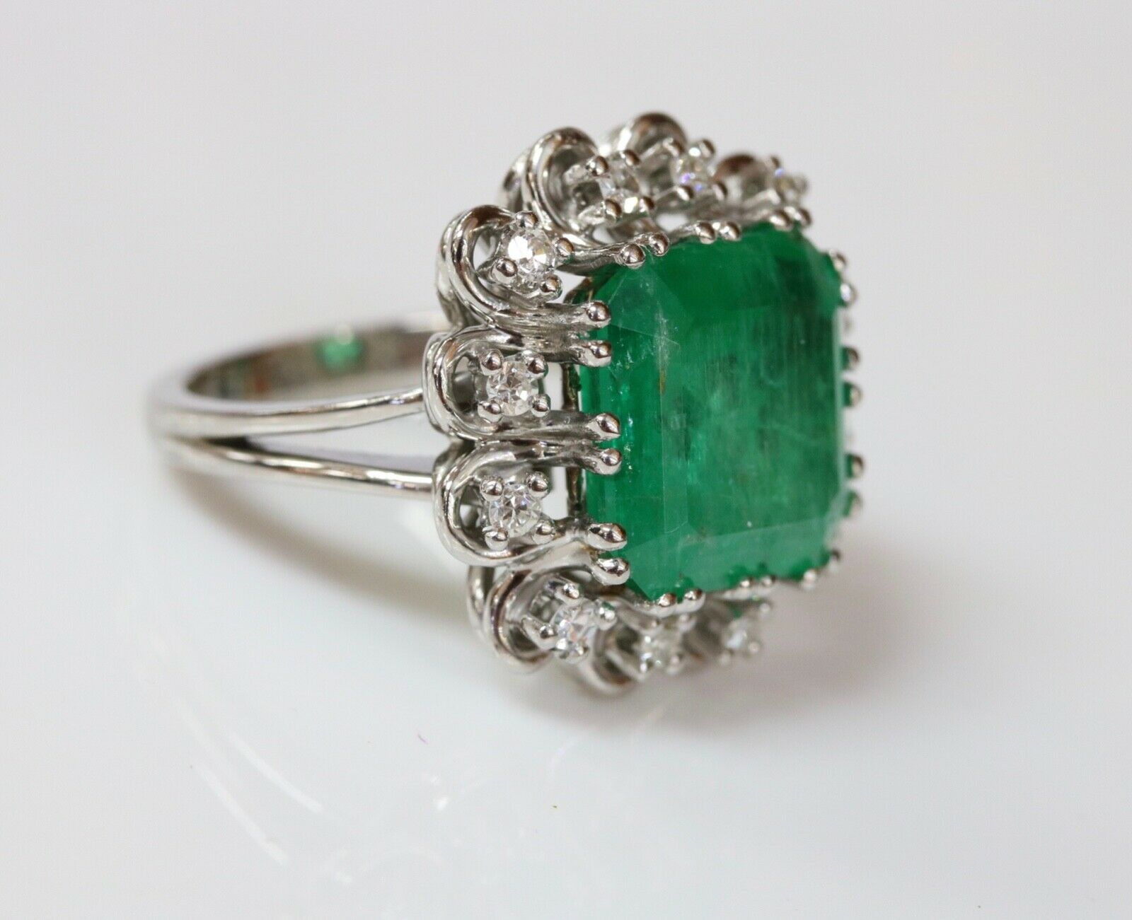 Vintage Emerald Cut Columbian Emerald Diamonds Platinum Ring