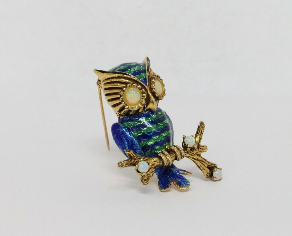 Vintage Enamel 18K Yellow Gold Opal Owl Brooch