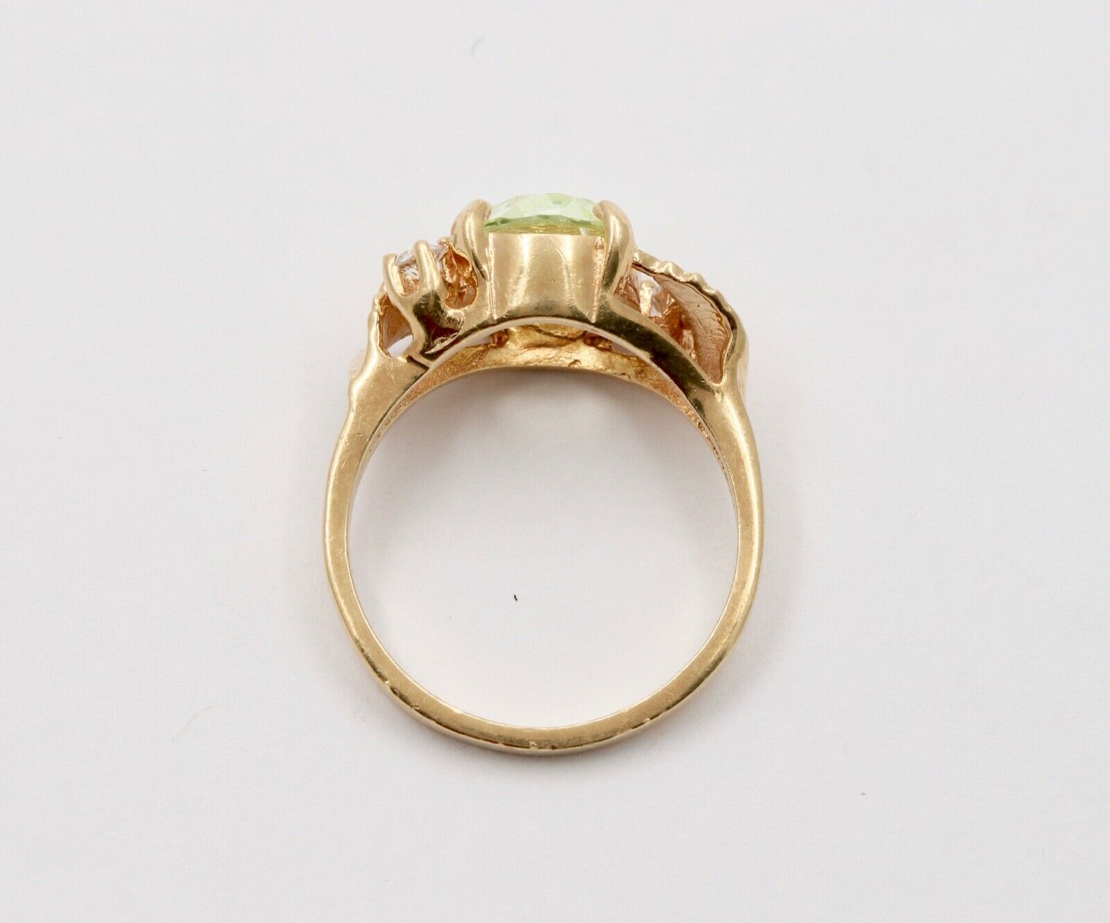 Vintage Leaf motif Man Made Lime yellow cushion cut stone and Diamond Gold Ring