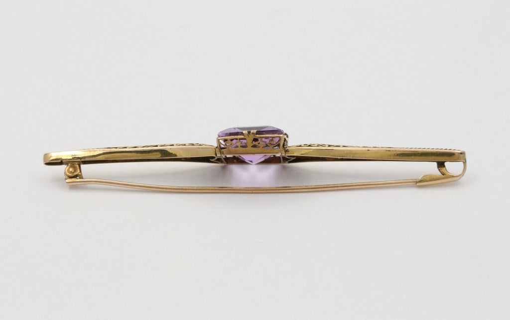 Antique Art Deco Amethyst 10K Yellow Gold Filigree Bar Pin