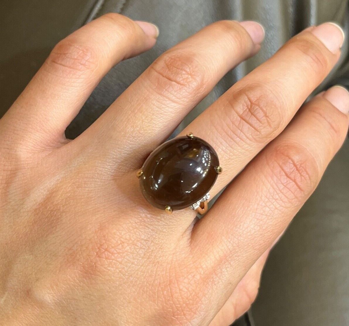 Vintage 10K Yellow Gold Smoky Topaz & Diamond Ring. Cocktail Ring