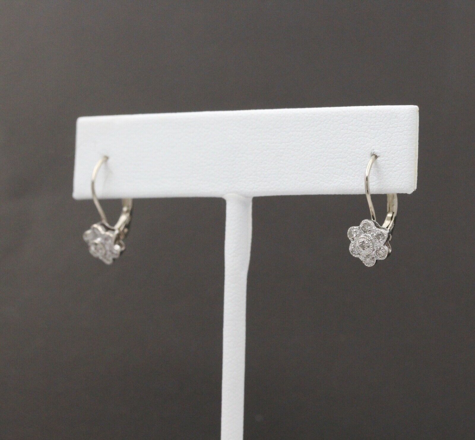 Sweet 14K White Gold Floral Round Cut Diamond Earrings