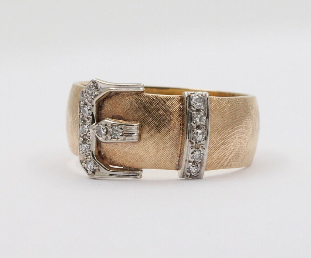Vintage Buckle Unisex 14K Yellow White Gold Diamonds Band Ring