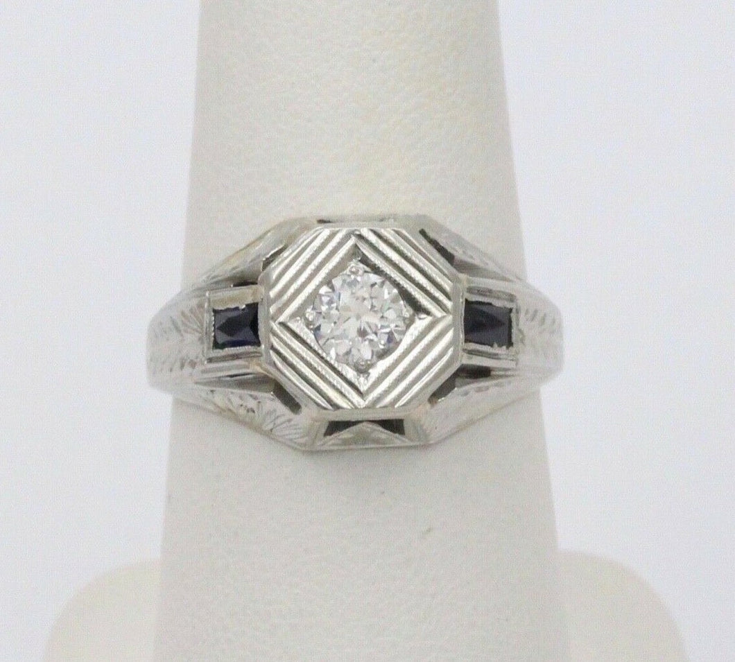 Antique Art Deco 14K White Gold Diamond & Sapphire Ring, Engagement Ring.