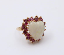 Load image into Gallery viewer, Vintage 14K Gold Heart Opal &amp; Ruby Halo Ring.
