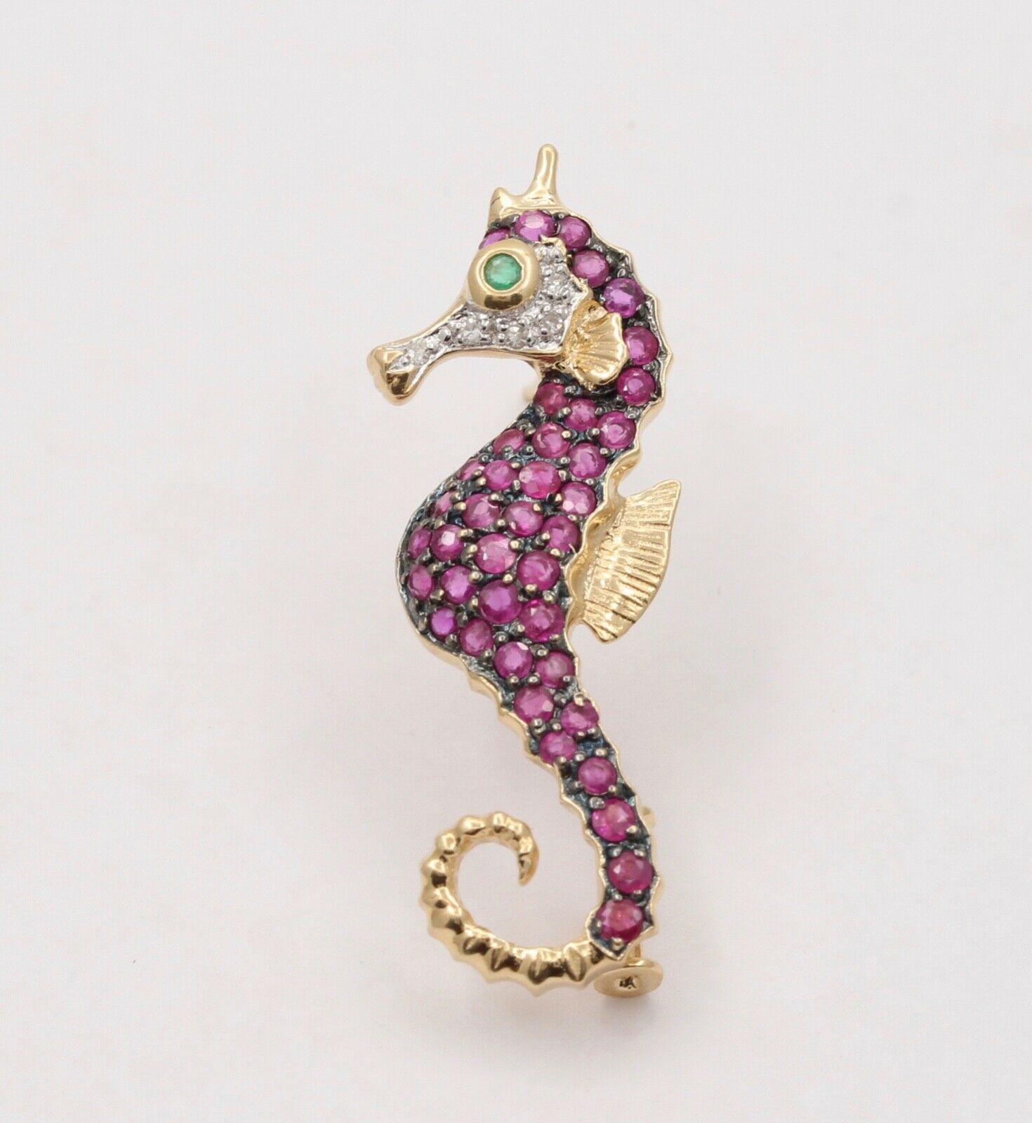 Lovely Vintage Seahorse Rubies Diamonds Emerald 14K Yellow White Gold Brooch Pin