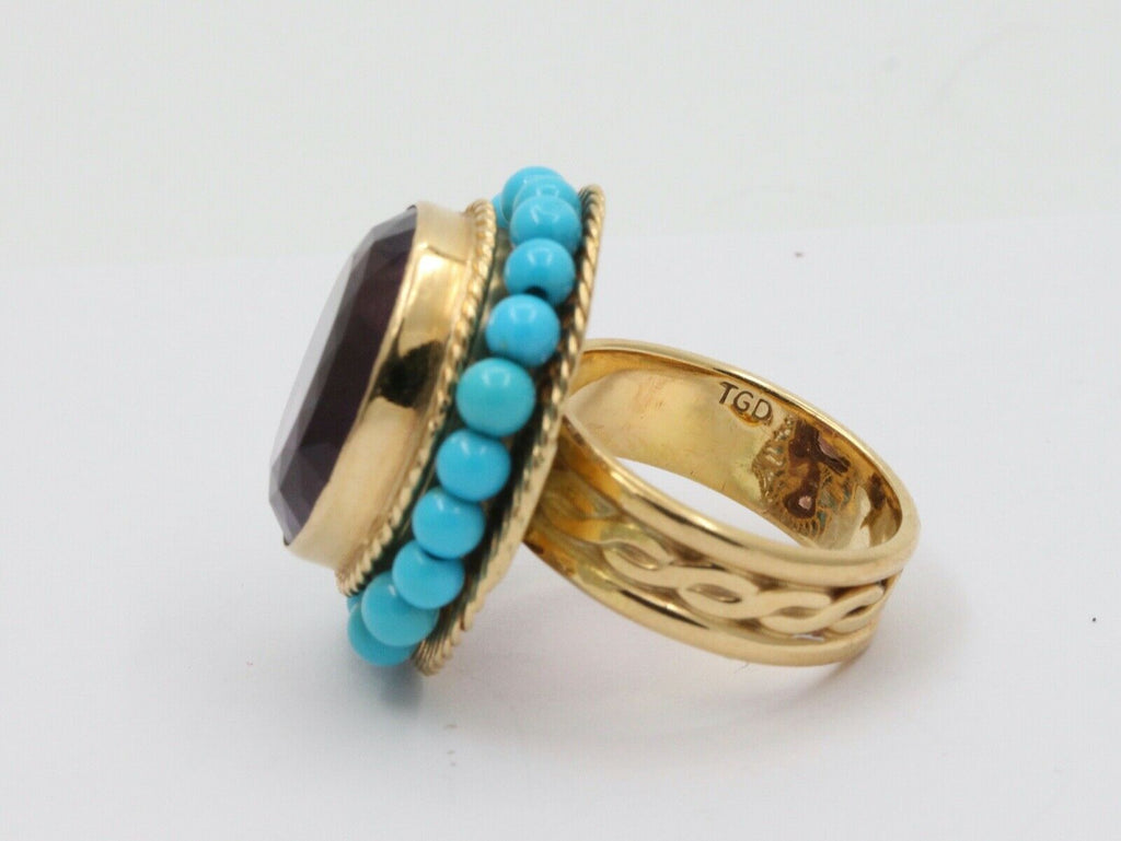 Vintage 18K Huge Amethyst Turquoise Statement Ring
