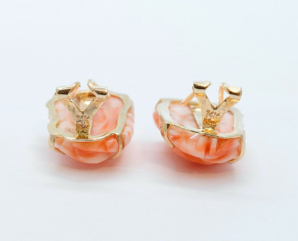Carved Coral Flower 14K Yellow Gold Earrings