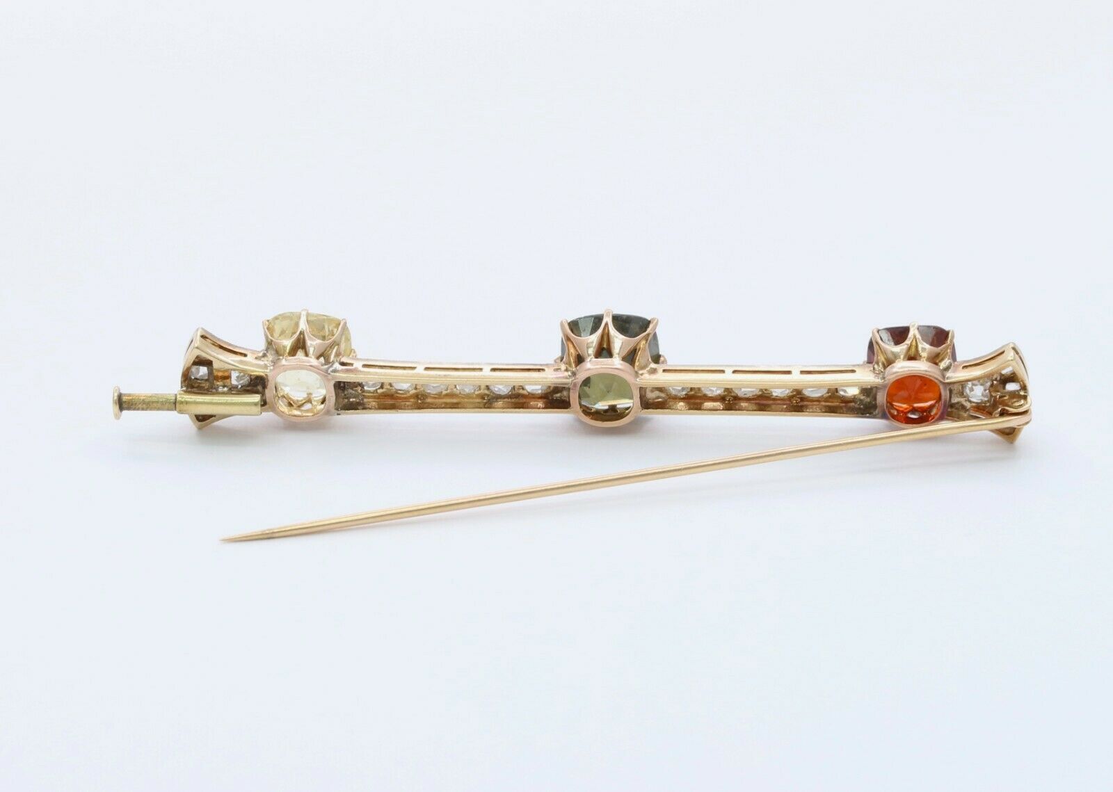 Edwardian 18K Yellow Gold Multi Colored Garnet Rose Cut Diamond Brooch