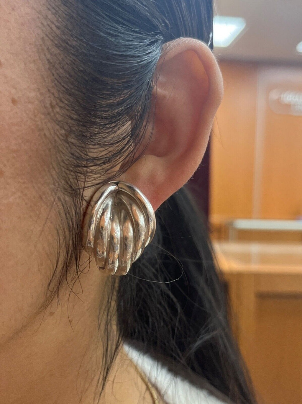 Vintage Mexico Sterling Silver Geometric Large Clip On Earrings