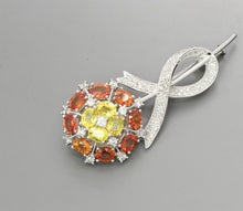 Load image into Gallery viewer, Vintage 18K White Gold Yellow Orange Sapphires Diamonds Brooch Pin
