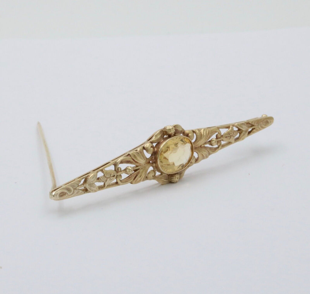 Antique Art Nouveau 14K Yellow Gold Citrine Bar Brooch, Pin