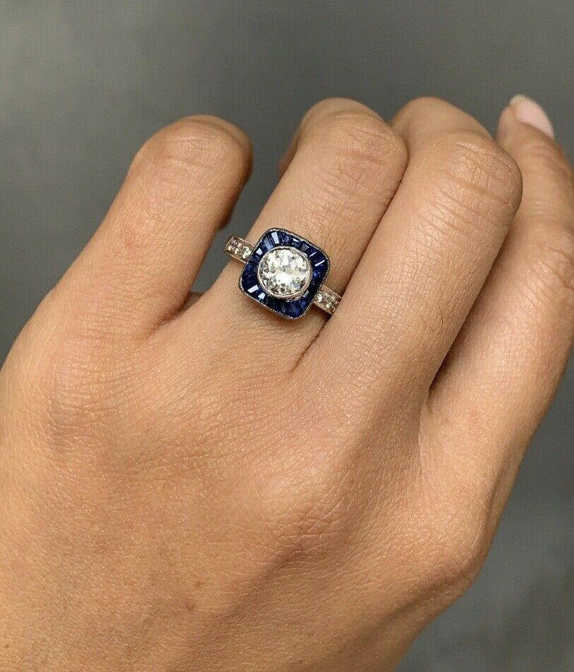 Vintage Art Deco Style 18K Gold Diamond & Sapphire Halo Ring, Engagement Ring.