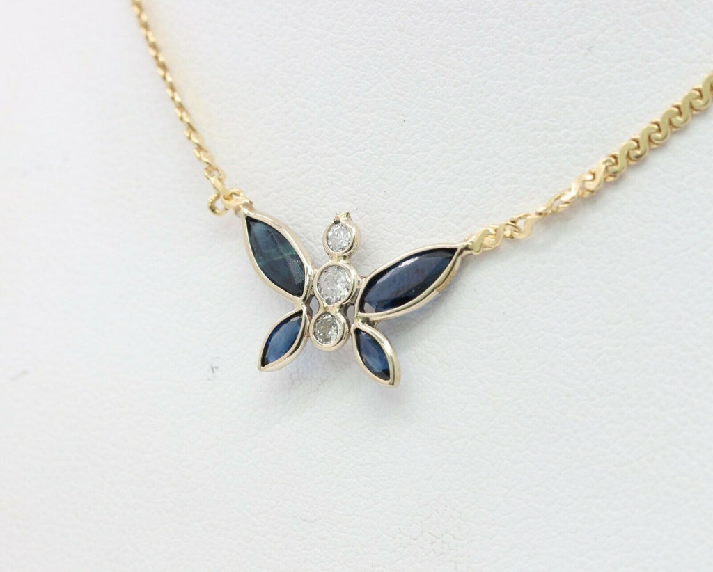 Vintage 14K Yellow Gold Diamond Sapphire Butterfly Pendant