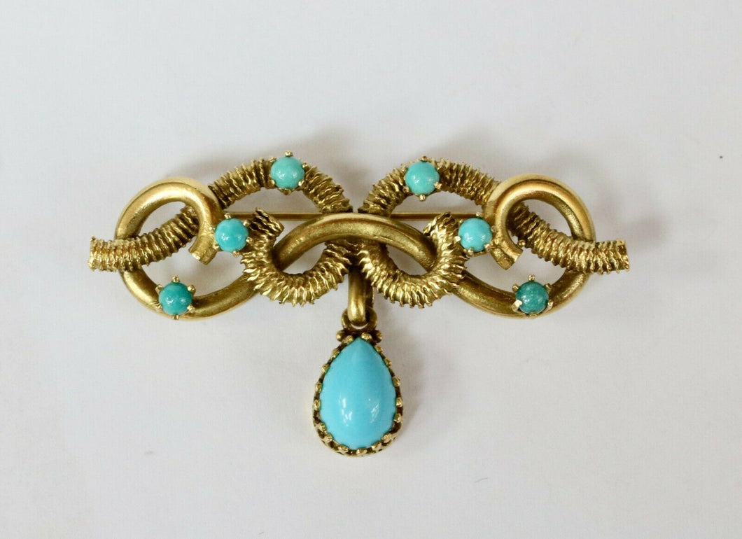 Antique Victorian Hand Crafted 14K Yellow Gold Turquoise Brooch