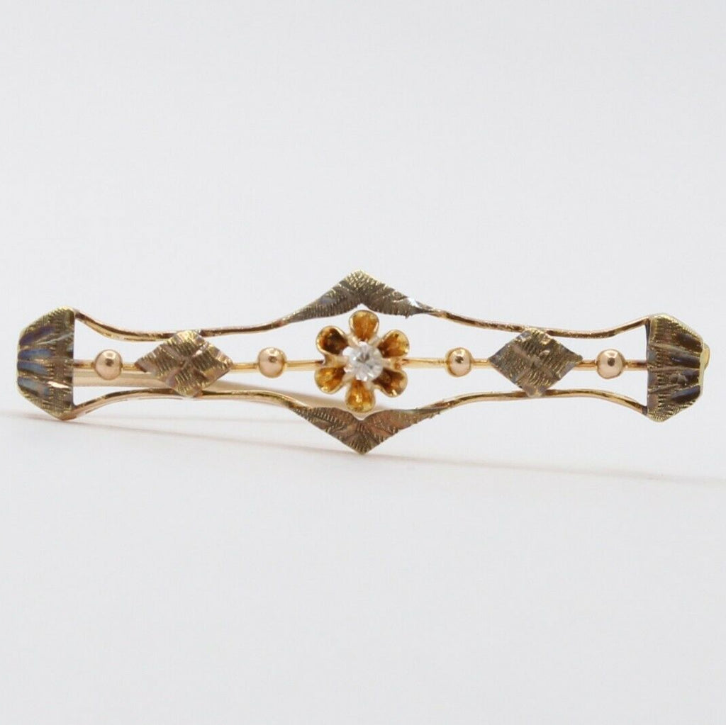Victorian 10K Diamond Rose Yellow Gold Brooch Pin