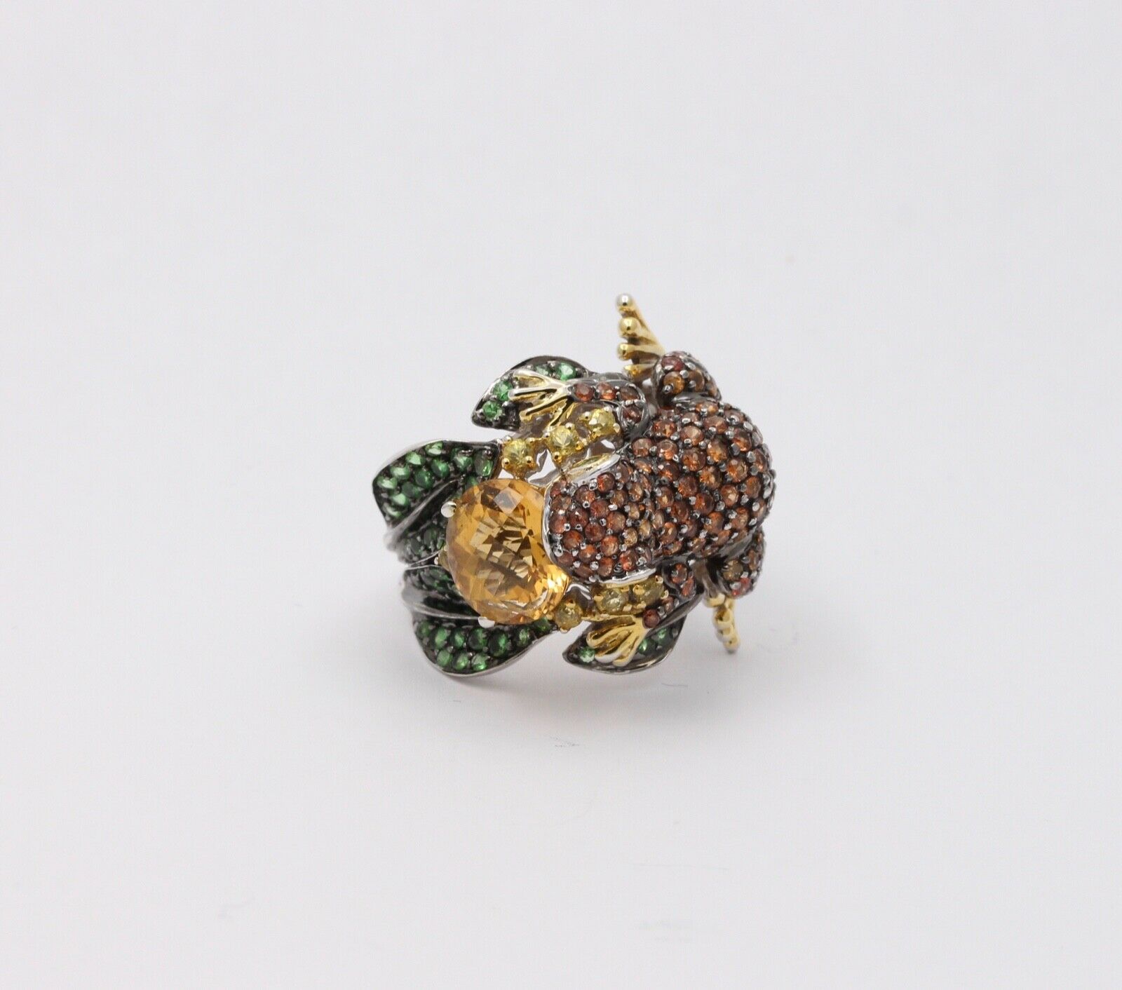 Vintage Frog Sapphires Citrine Tsavorite Diamonds14K White Yellow Gold Ring