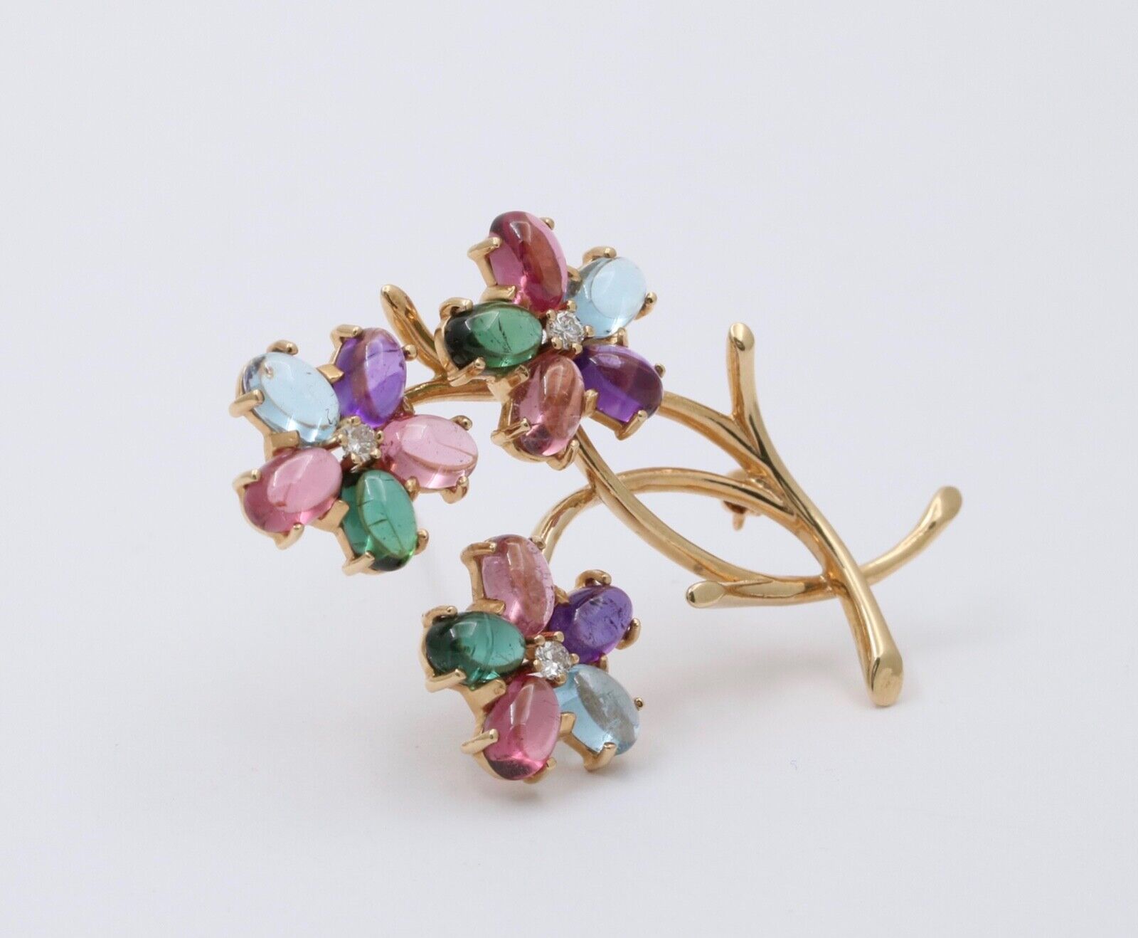 Vintage 14K Gold Multi Color Stones Diamond Flower Bouquet Brooch. Pin.