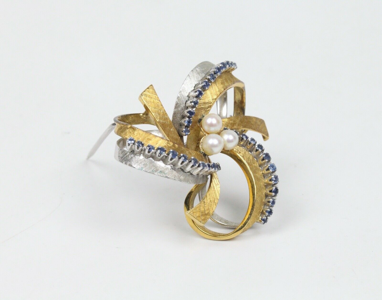 Vintage 18K White Yellow Gold Pearls Sapphires Brooch