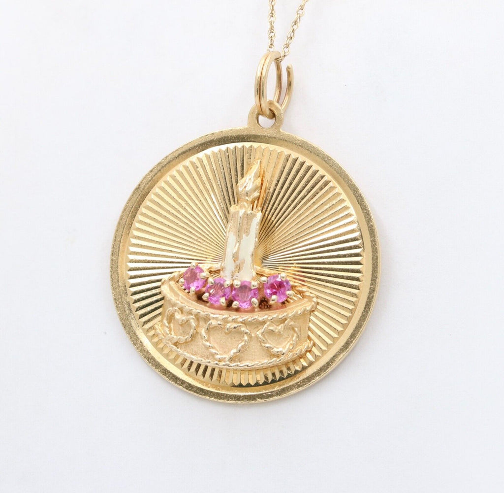 Vintage 14K Yellow Gold Happy Birthday Pendant Rubies Enamel