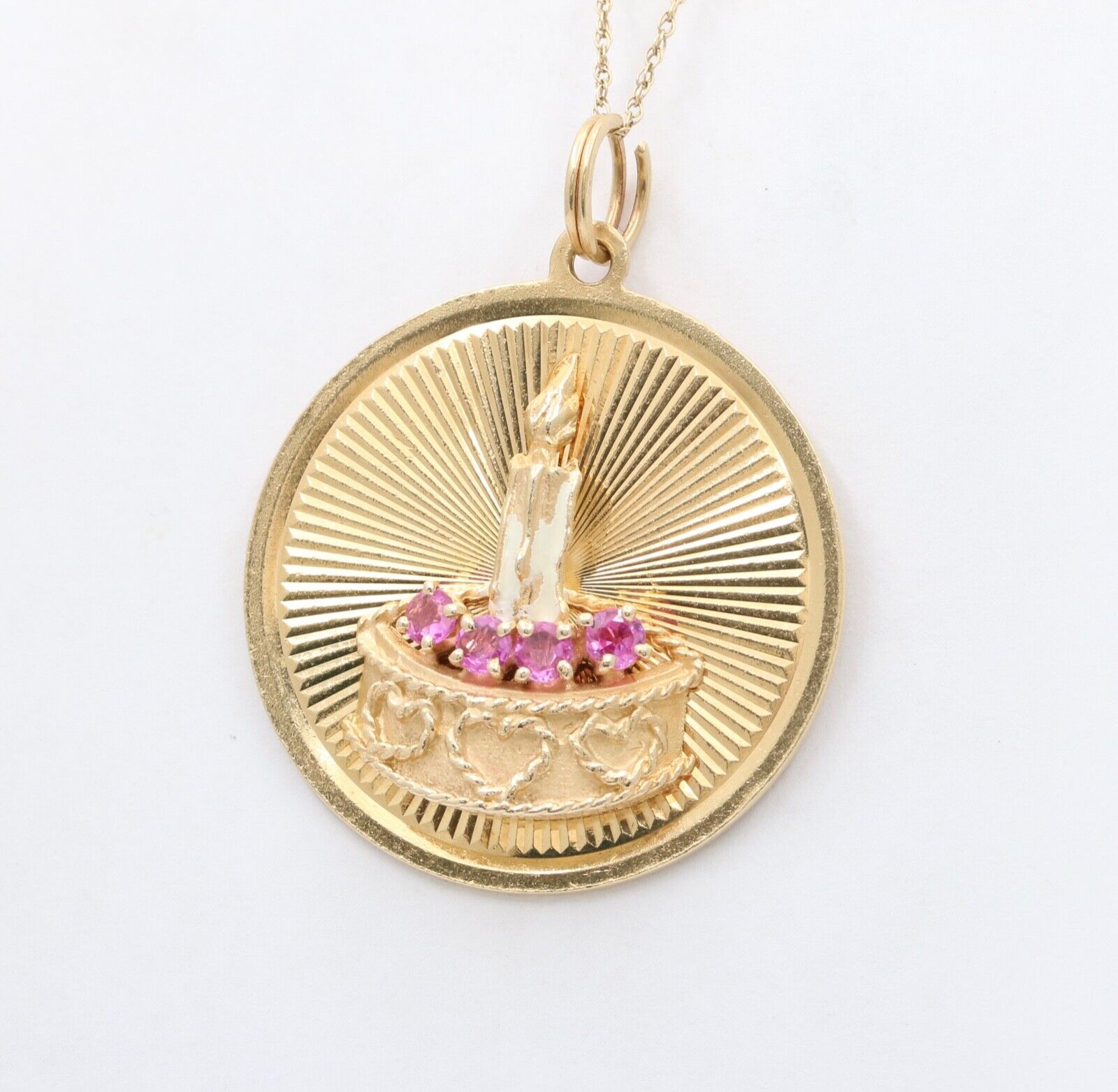 Vintage 14K Yellow Gold Happy Birthday Pendant Rubies Enamel