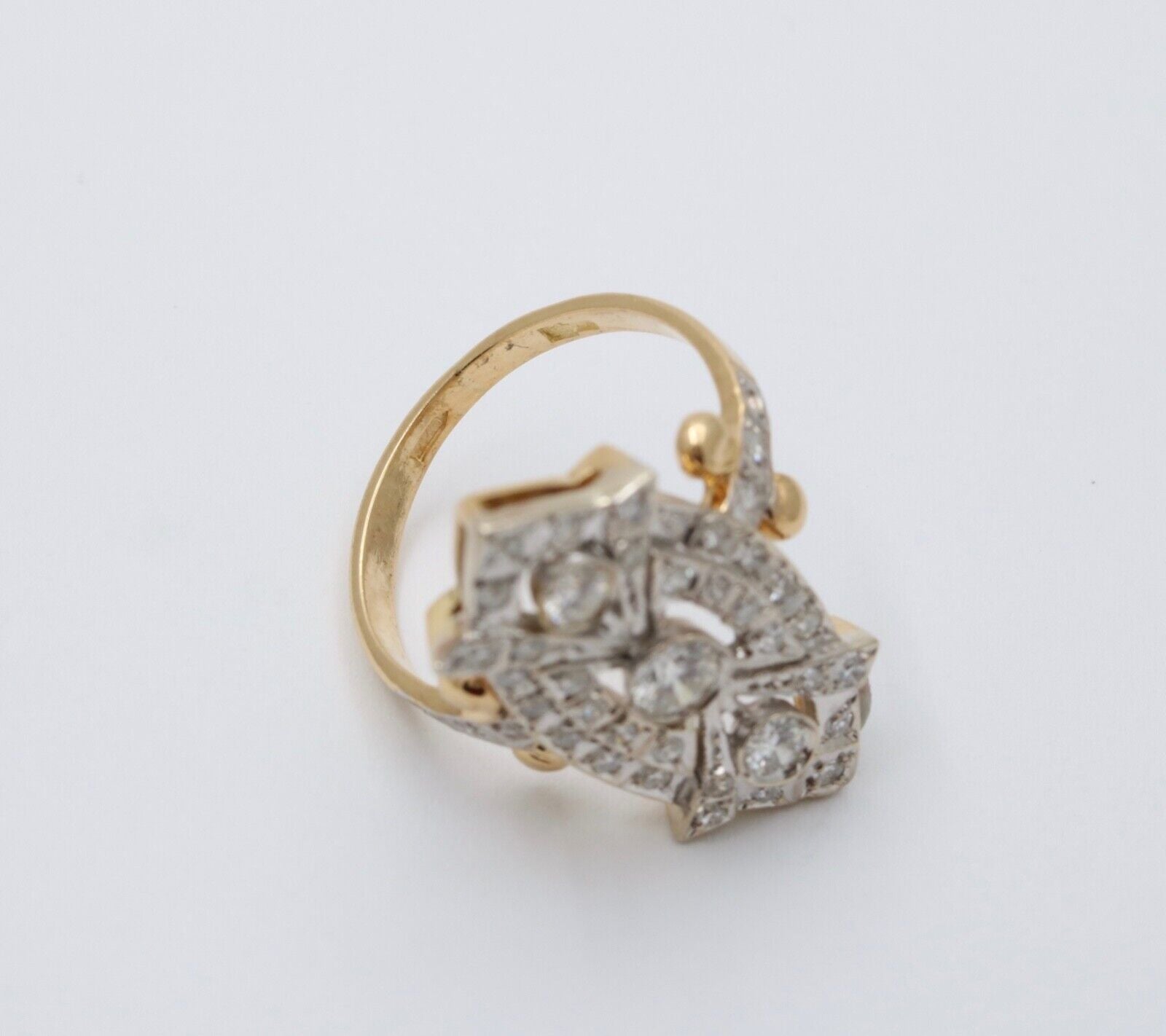 Vintage Russian Navette Diamonds 18K Yellow White Gold Ring