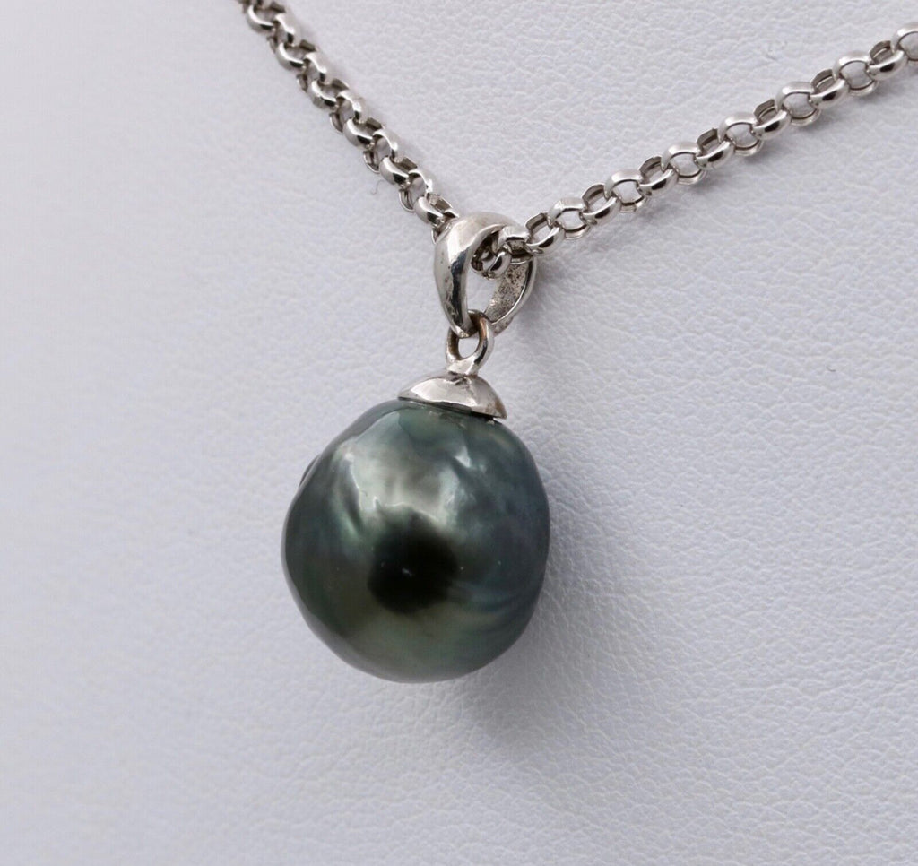 Vintage Tahitian Black Pearl Pendant and Chain 14K White Gold