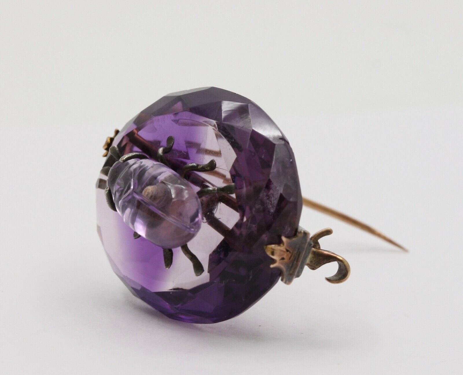 Victorian Scarab Bettle Carved Amethyst 14K yellow Gold Brooch Pin