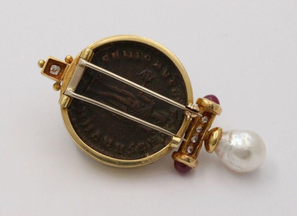 Roman Coin Rubies Diamond Pearl 18K Yellow Gold Brooch Pin