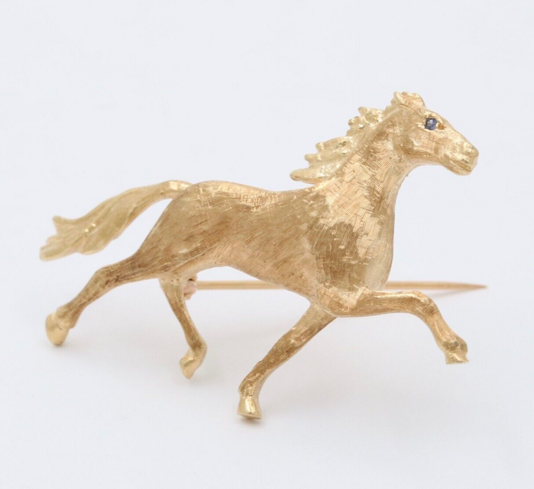 Vintage 14K Yellow Gold Sapphire Riding Horse Brooch