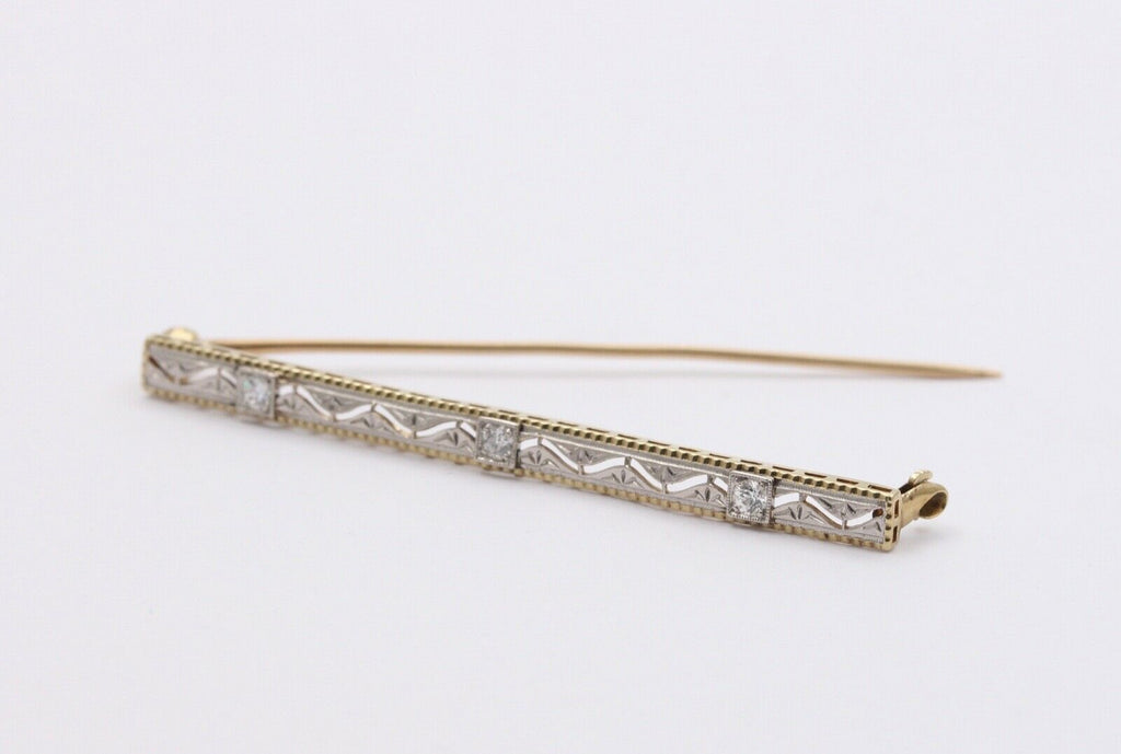 Art Deco 14K White Yellow Gold Diamonds Bar Brooch Pin