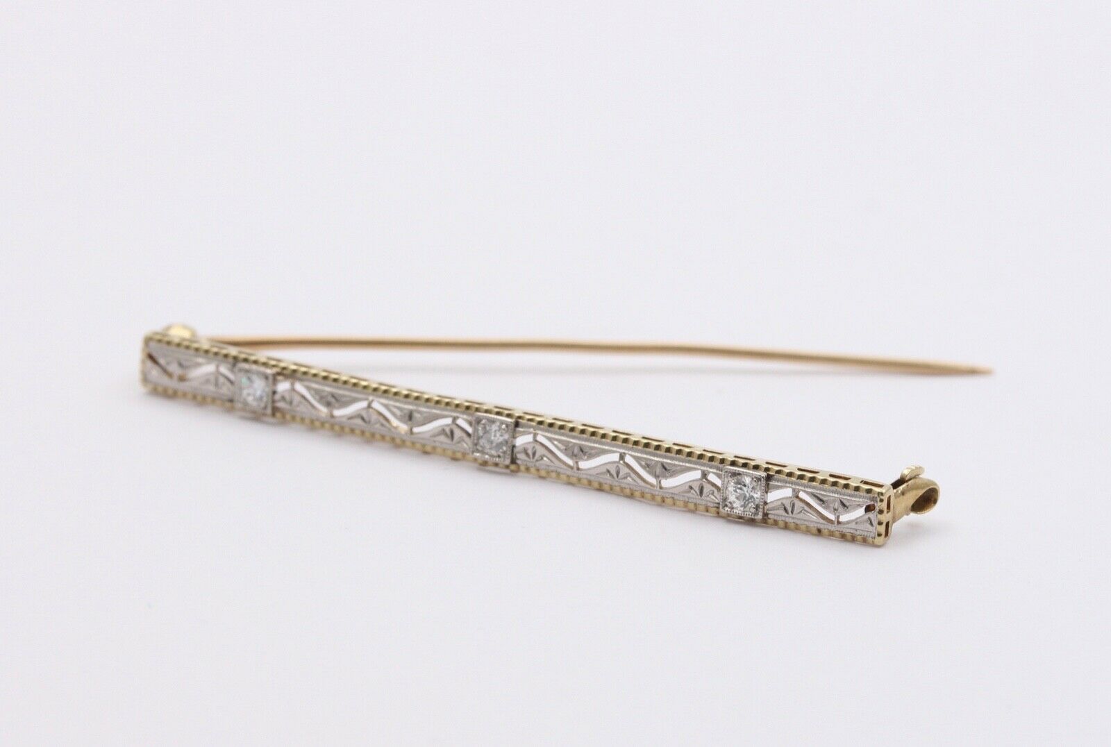 Art Deco 14K White Yellow Gold Diamonds Bar Brooch Pin