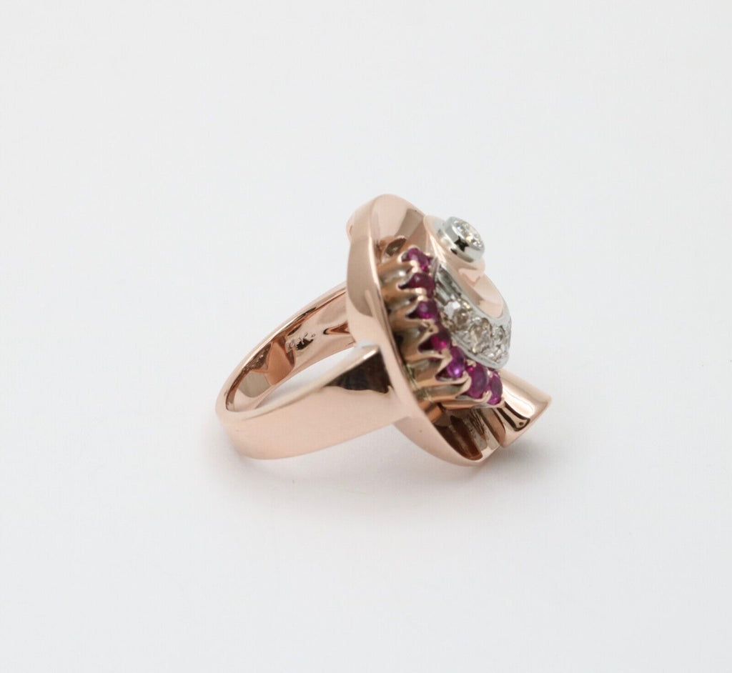 Retro 14K Rose & White Gold Diamond And Ruby Statement Spiral Ring