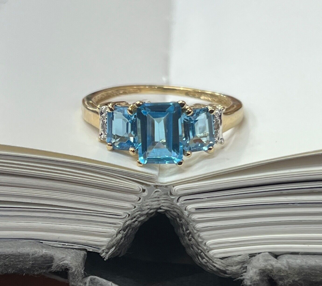 Vintage Blue Topaz & Diamond 10K Yellow Gold Birthstone Ring, Engagement Ring.