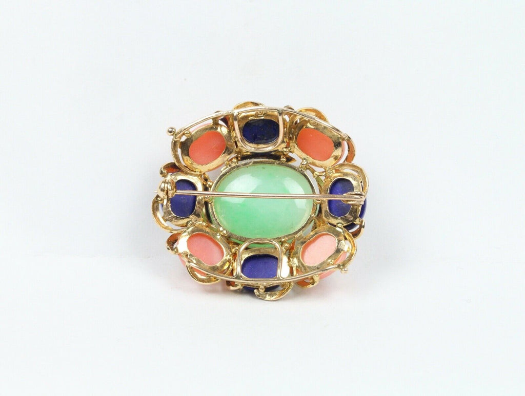 Beautiful Vintage Multi Stone Jade Jasper Lapis Lazuli Brooch Pin