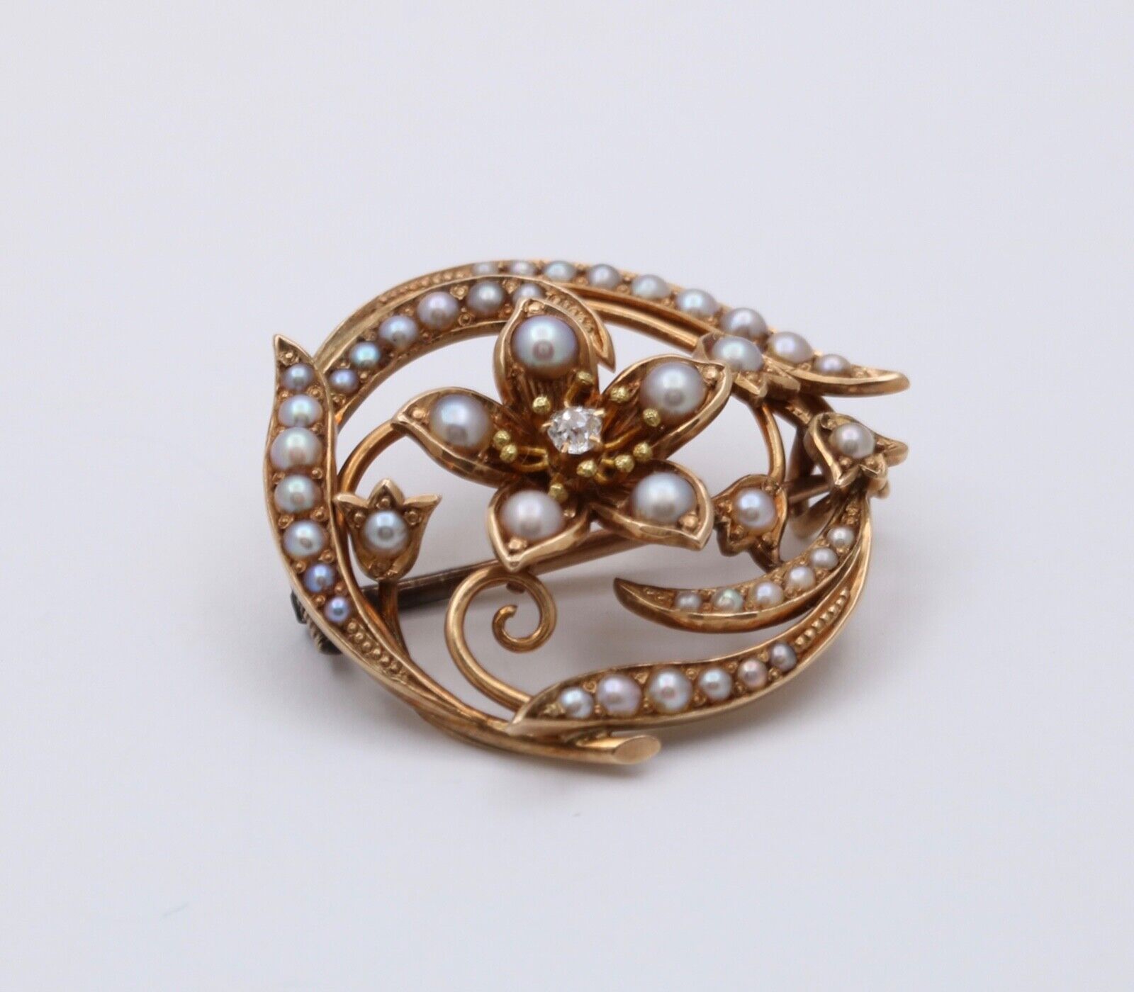 Antique Victorian 14K Yellow Gold Diamond and Pearl Floral Brooch, Pin