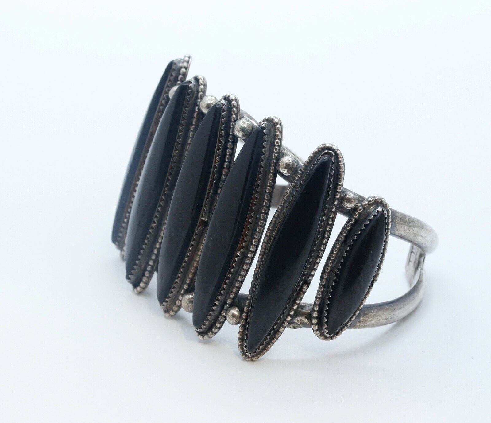 Vintage Silver Cuff Bracelet Beadwork and Black Stones