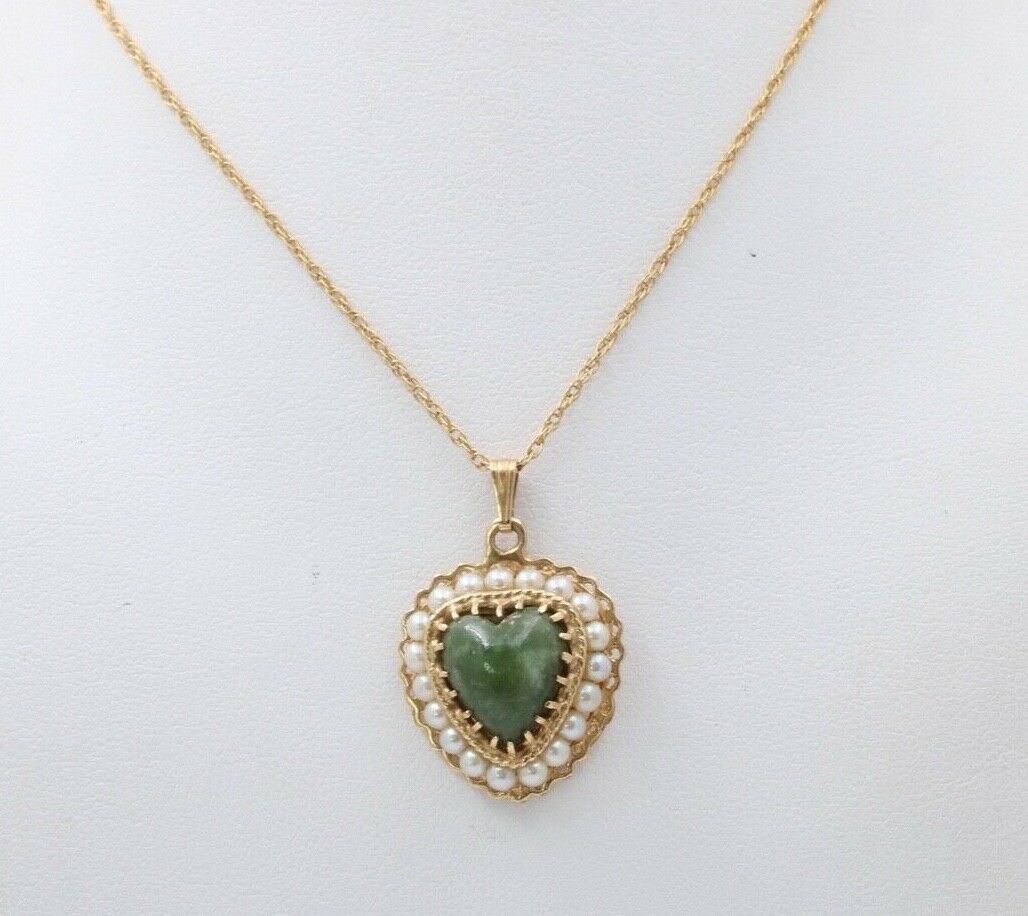 Vintage 14K Yellow Gold Heart Aventurine Pearl Pendant Necklace, Heart Charm