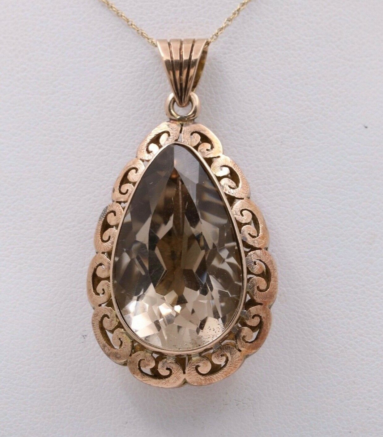 Vintage 14K Rose Gold Pear Shape Smoky Topaz  Pendant , Necklace
