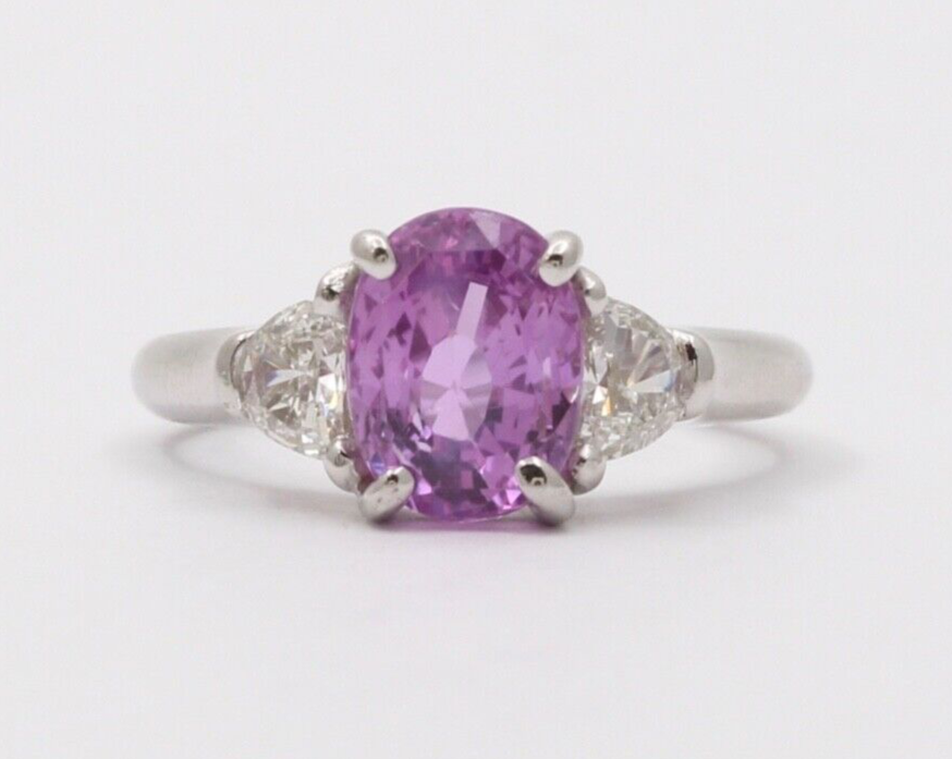 Classic Pink Sapphire and Half Moon Diamond 14K White Gold Ring, Engagement Ring