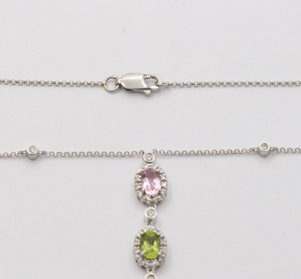 Classic 14K Gold Three Stones Multi Color Stone, Diamond Drop Pendant. Necklace.