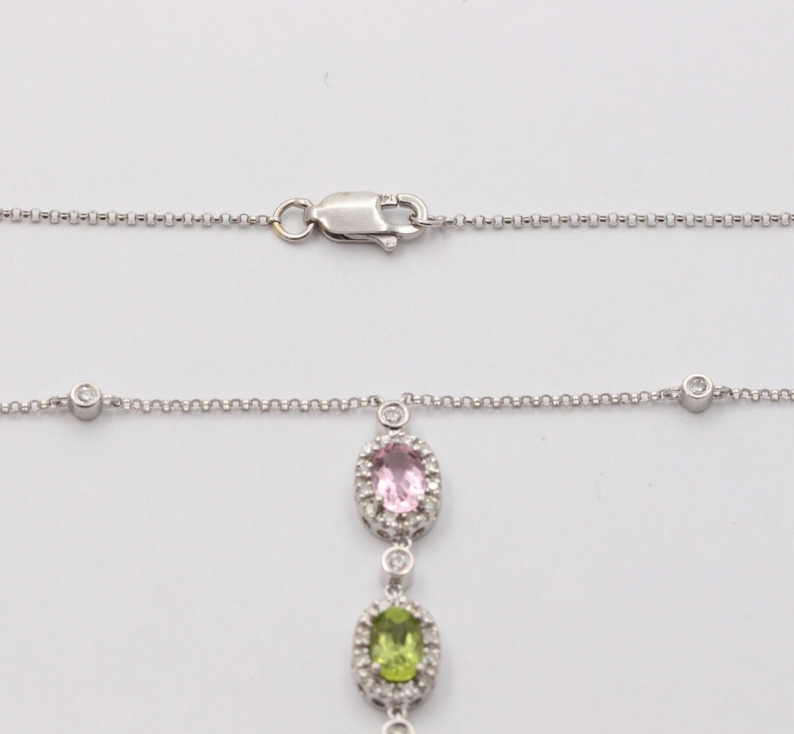 Classic 14K Gold Three Stones Multi Color Stone, Diamond Drop Pendant. Necklace.
