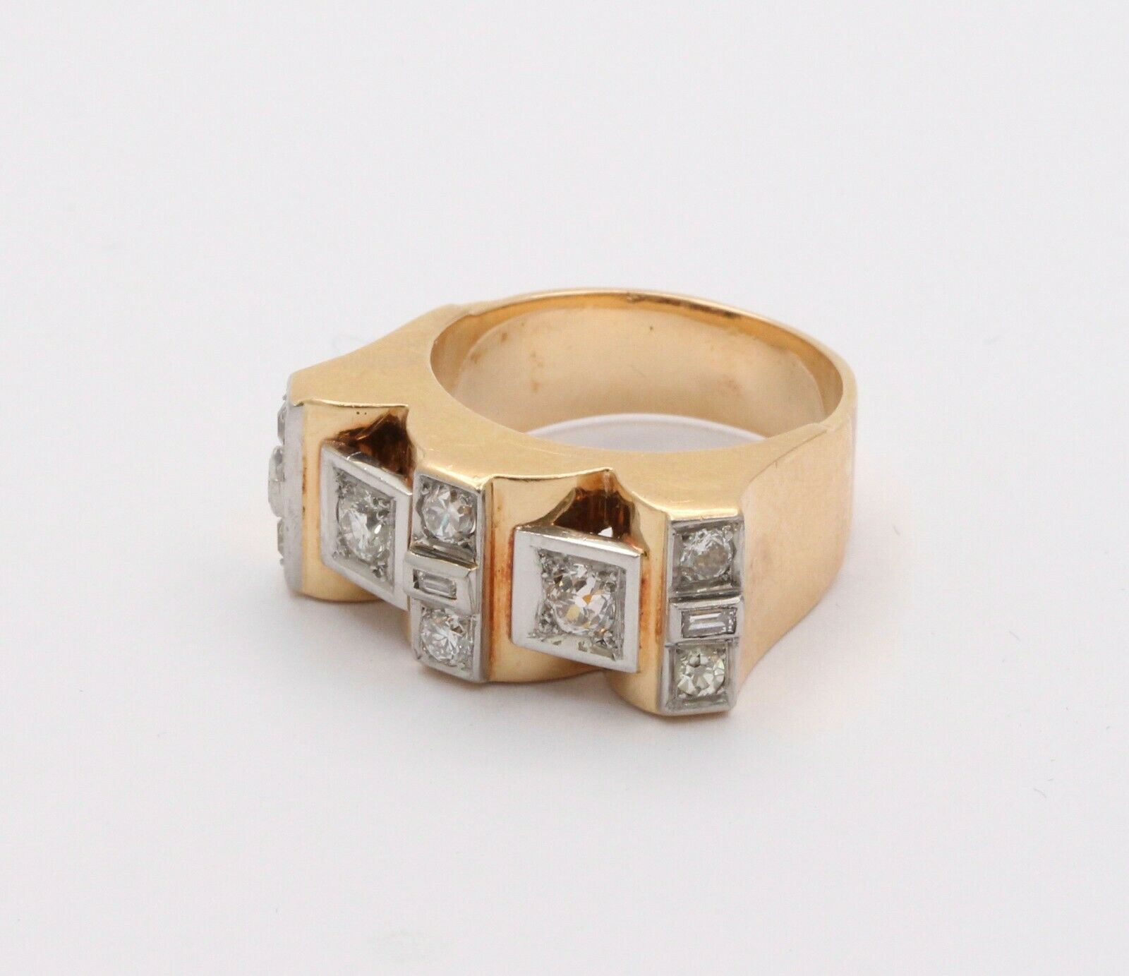 Retro 18K Yellow Gold Boxy Diamond Statement Ring