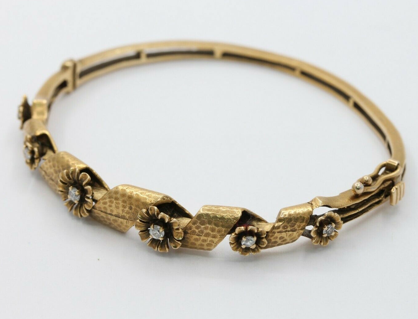 Vintage 14K Yellow Gold Floral Swirl Diamond Bangle