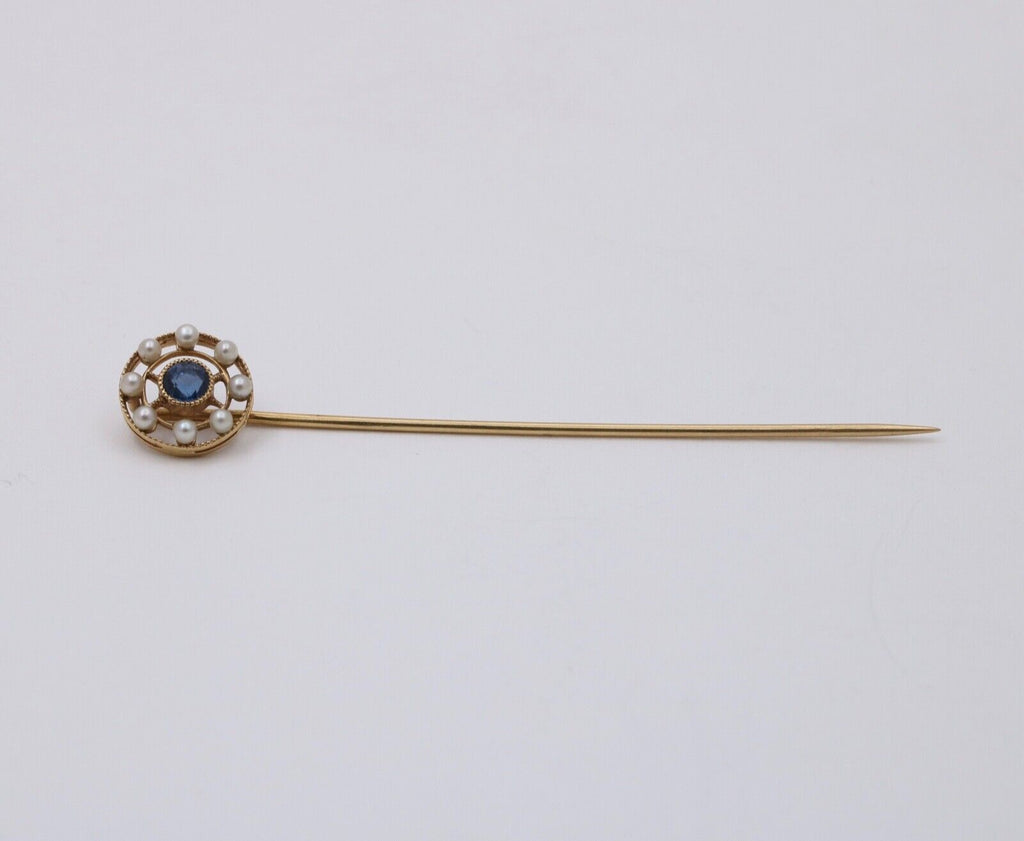 Antique Art Deco Sapphire and Pearl 14K Yellow Gold Stick Pin
