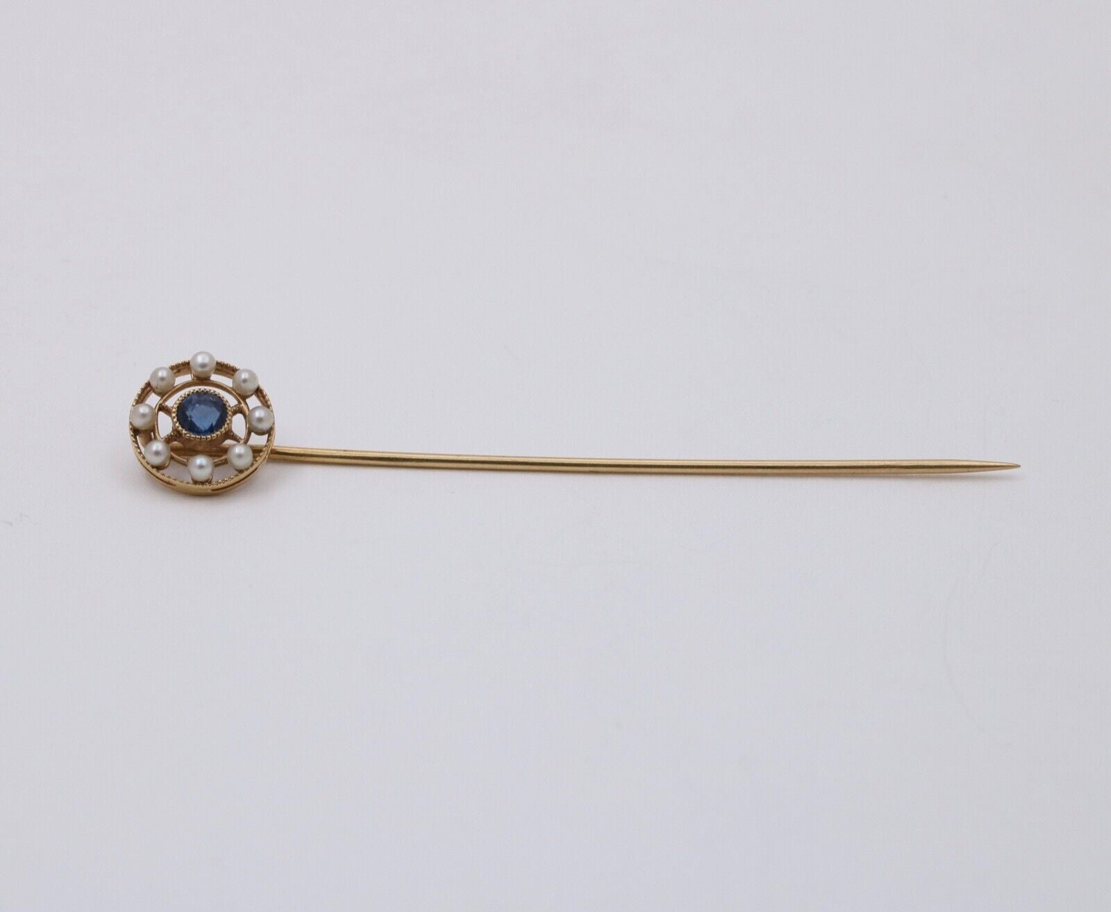 Antique Art Deco Sapphire and Pearl 14K Yellow Gold Stick Pin