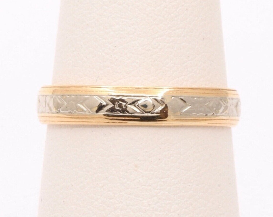 Art Deco Ladies 18K Yellow White Gold Wedding Band Ring