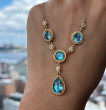 Load image into Gallery viewer, Vintage 14K Yellow Gold Teardrop Blue Zircon Festoon Necklace. Negligee Necklace
