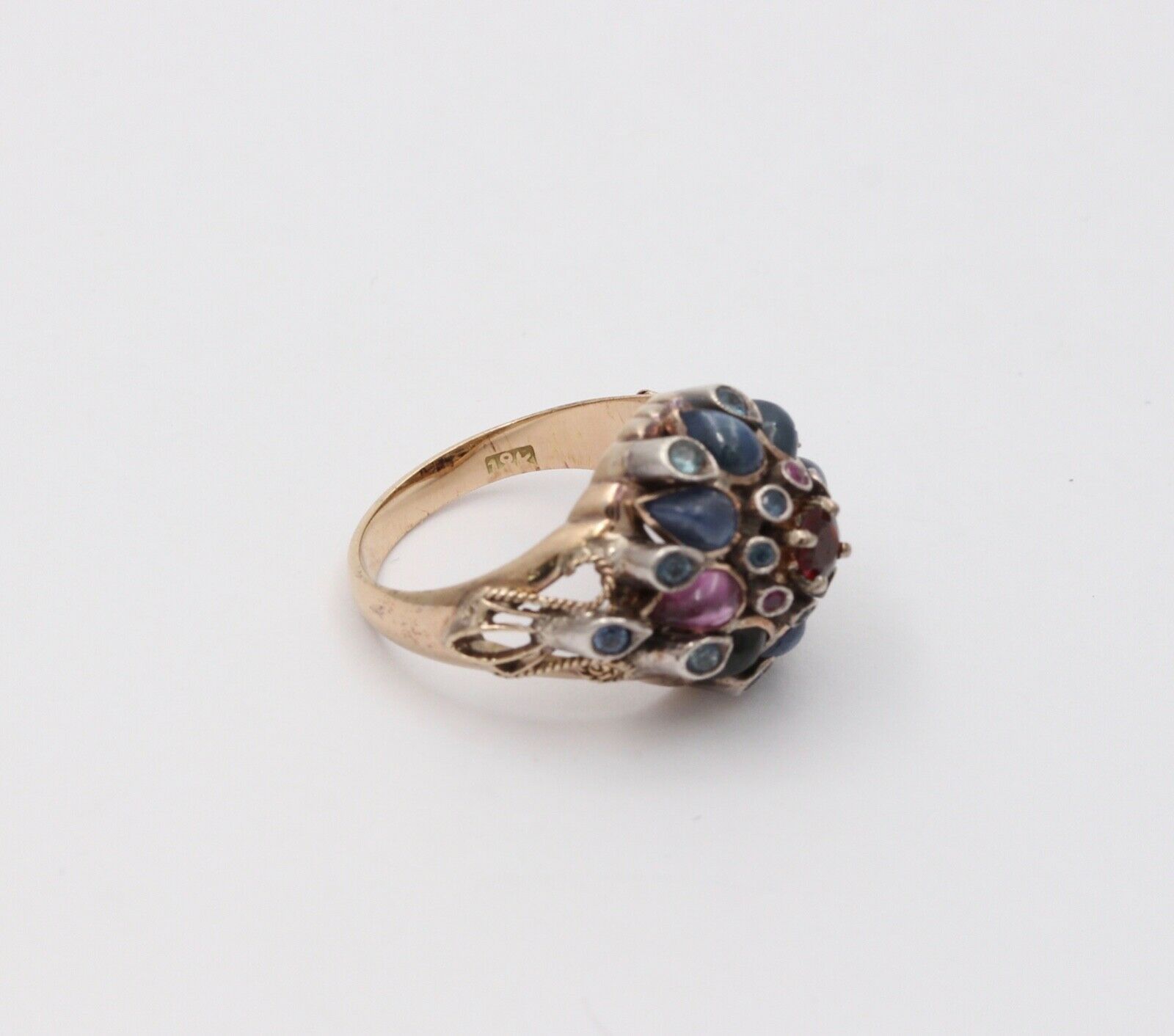 Vintage Multi Color Natural Sapphire, Blue Topaz, Pink Tourmaline and Garnet 14K
